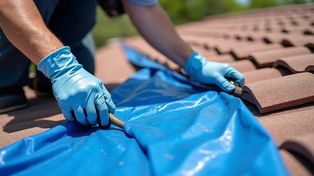 Gloved hands securing blue tarp to tile roof for temporary roof leak fix in Mesa AZ