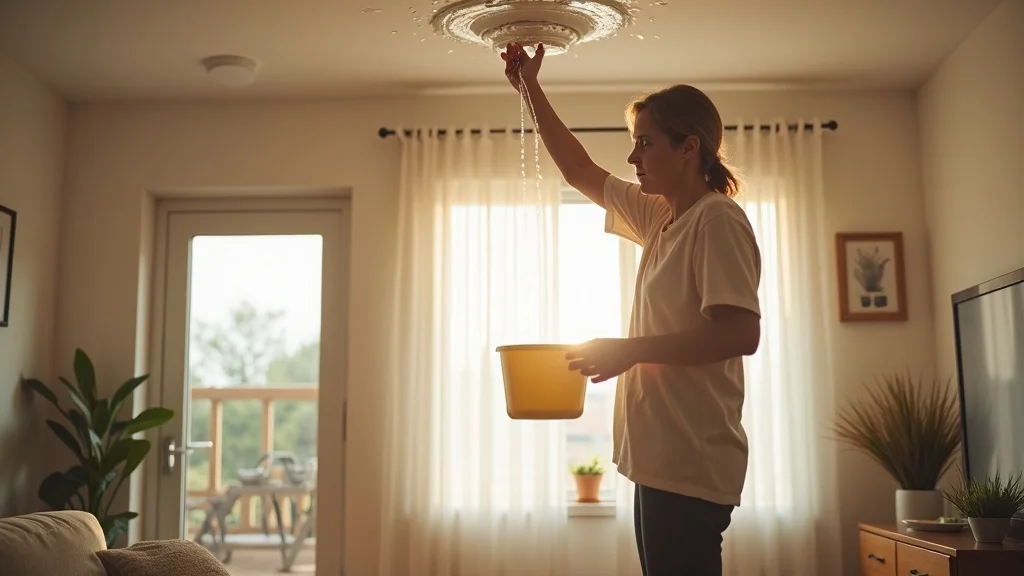 Homeowner placing bucket below ceiling to catch temporary roof leak drip in living room