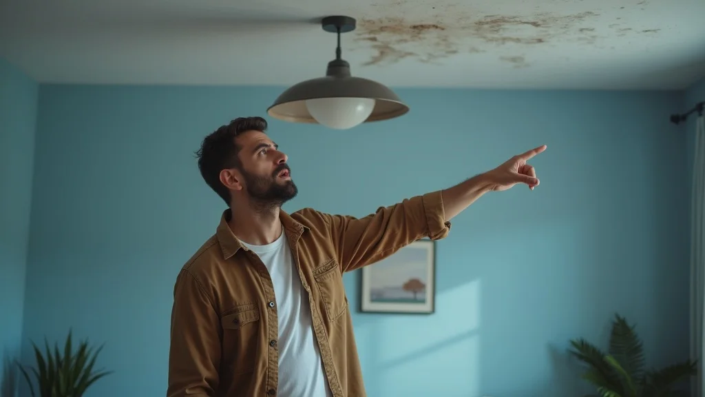 Bucket catching water beneath bulging ceiling for a temporary roof leak fix