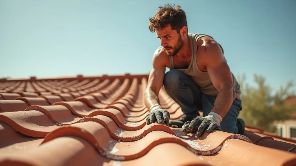 Homeowner making common temporary roof leak fix mistake with caulk on a hot dusty tile roof in Mesa