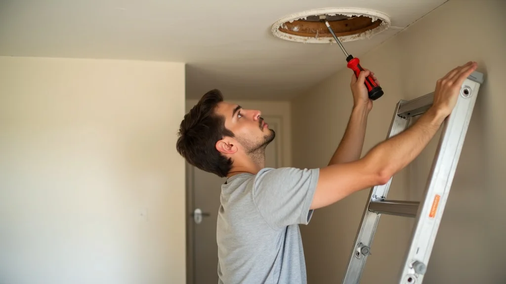 Person safely draining water from bulging drywall ceiling as part of temporary roof leak fix