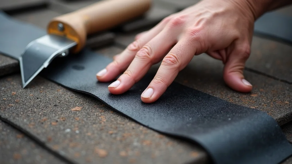Close-up of roofing tape being pressed onto a shingle for small temporary roof leak fix